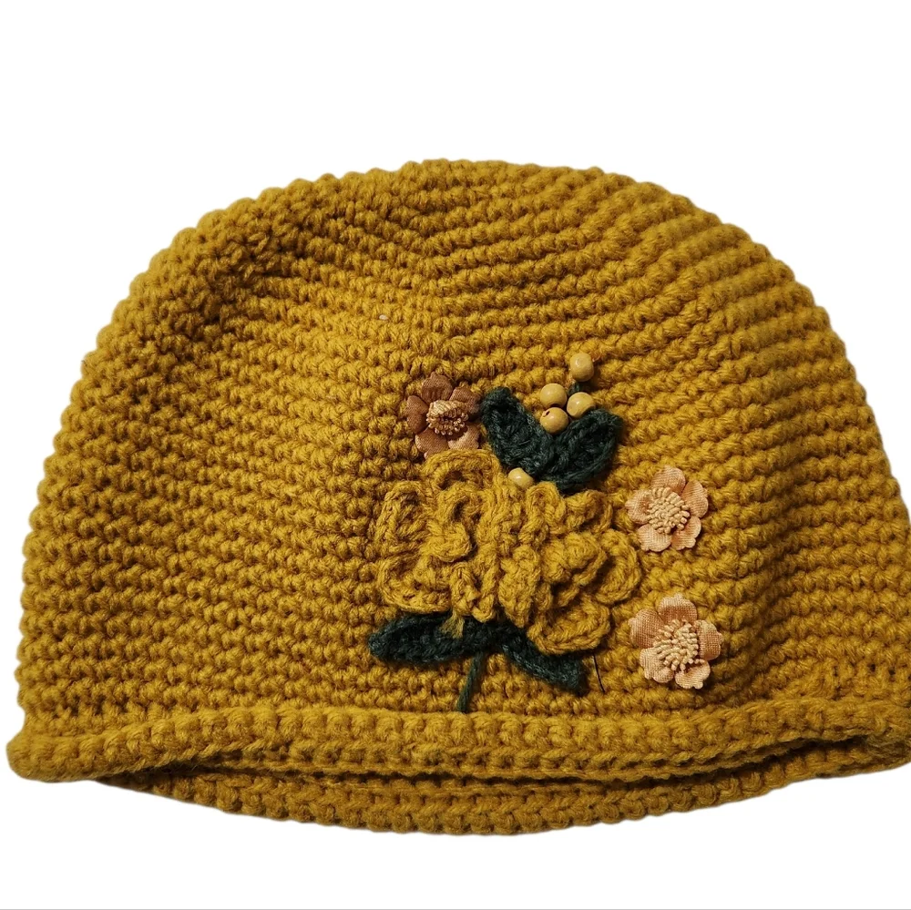 TWO Knit Beanies with Floral Bead Design Like New!